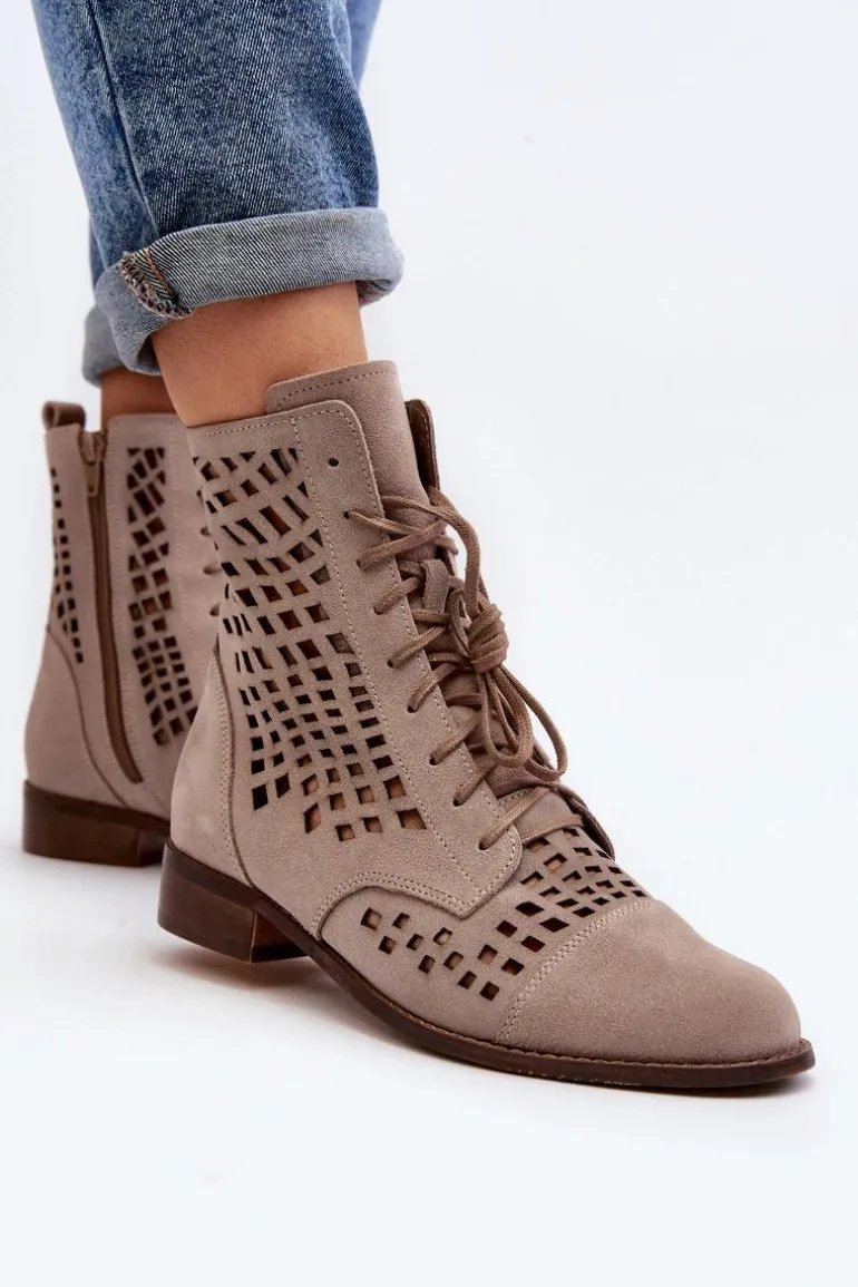Zazoo 2627 Ażurowe Skórzane Botki Beżowe