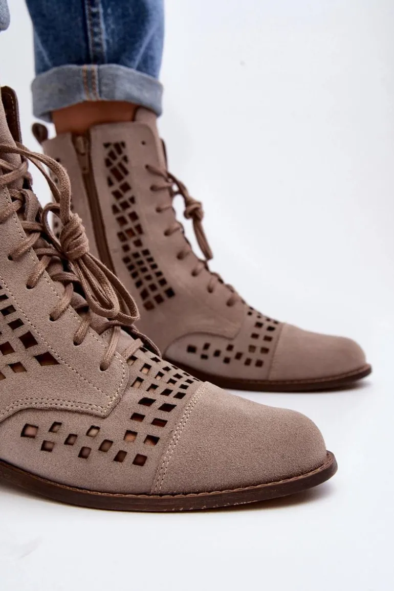 Zazoo 2627 Ażurowe Skórzane Botki Beżowe