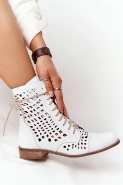 Zazoo 2627 Ażurowe Skórzane Botki Białe