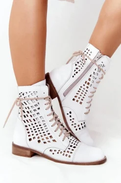 Zazoo 2627 Ażurowe Skórzane Botki Białe