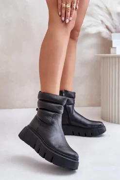 Zazoo 60512 Botki Damskie Skórzane Na Zamek Ocieplane Filcem Czarne