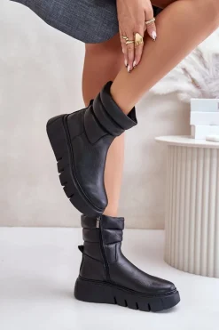 Zazoo 60512 Botki Damskie Skórzane Na Zamek Ocieplane Filcem Czarne