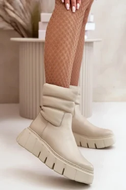 Zazoo 60512 Botki Damskie Skórzane Na Zamek Ocieplane Filcem Jasnobeżowe
