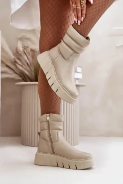 Zazoo 60512 Botki Damskie Skórzane Na Zamek Ocieplane Filcem Jasnobeżowe