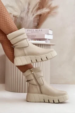 Zazoo 60512 Botki Damskie Skórzane Na Zamek Ocieplane Filcem Jasnobeżowe