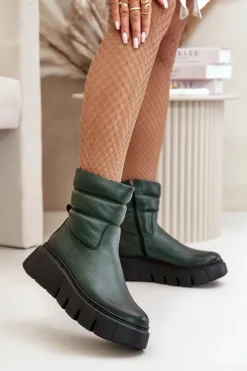 Zazoo 60512 Botki Damskie Skórzane Na Zamek Ocieplane Filcem Ciemnozielone