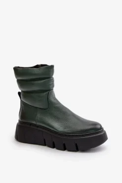Zazoo 60512 Botki Damskie Skórzane Na Zamek Ocieplane Filcem Ciemnozielone