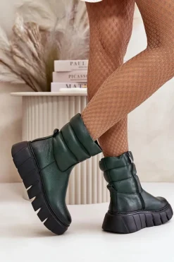 Zazoo 60512 Botki Damskie Skórzane Na Zamek Ocieplane Filcem Ciemnozielone