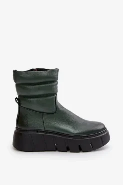 Zazoo 60512 Botki Damskie Skórzane Na Zamek Ocieplane Filcem Ciemnozielone