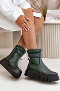 Zazoo 60512 Botki Damskie Skórzane Na Zamek Ocieplane Filcem Ciemnozielone