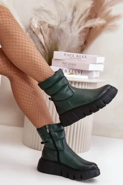 Zazoo 60512 Botki Damskie Skórzane Na Zamek Ocieplane Filcem Ciemnozielone