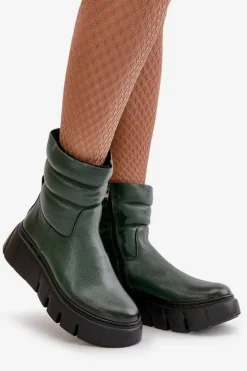 Zazoo 60512 Botki Damskie Skórzane Na Zamek Ocieplane Filcem Ciemnozielone