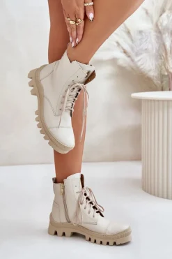 Zazoo 2831 Botki Damskie Ze Skóry Naturalnej Jasnobeżowe