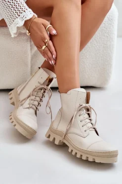 Zazoo 2831 Botki Damskie Ze Skóry Naturalnej Jasnobeżowe