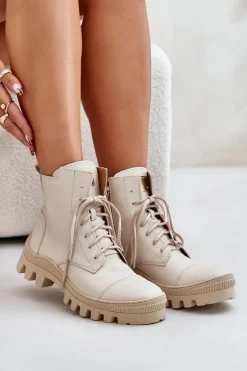 Zazoo 2831 Botki Damskie Ze Skóry Naturalnej Jasnobeżowe