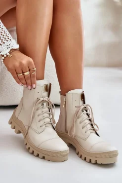 Zazoo 2831 Botki Damskie Ze Skóry Naturalnej Jasnobeżowe