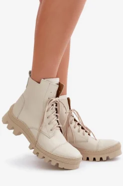 Zazoo 2831 Botki Damskie Ze Skóry Naturalnej Jasnobeżowe