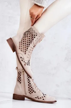 Zazoo 2695 Botki Skórzane Ażurowe Na Suwak Jasnobeżowe