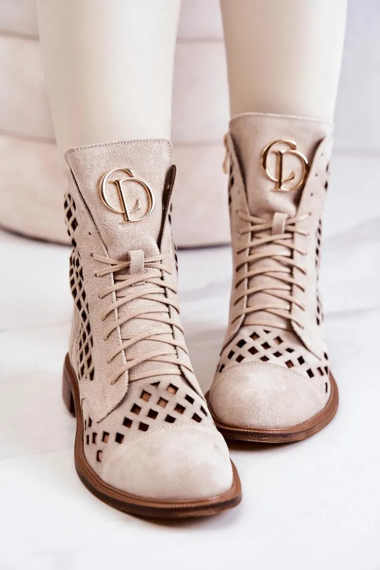 Zazoo 2695 Botki Skórzane Ażurowe Na Suwak Jasnobeżowe