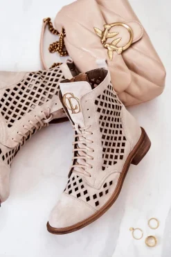 Zazoo 2695 Botki Skórzane Ażurowe Na Suwak Jasnobeżowe