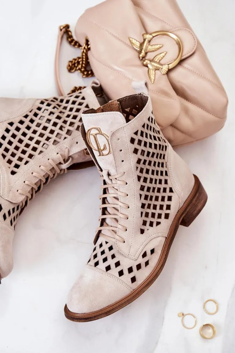 Zazoo 2695 Botki Skórzane Ażurowe Na Suwak Jasnobeżowe