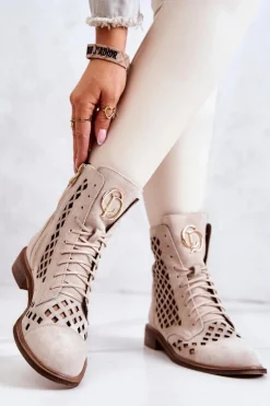 Zazoo 2695 Botki Skórzane Ażurowe Na Suwak Jasnobeżowe