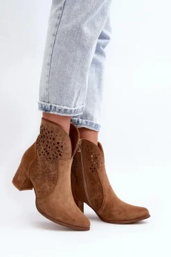 Zazoo 3166 Damskie Ażurowe Botki Na Obcasie Zamszowe Camel