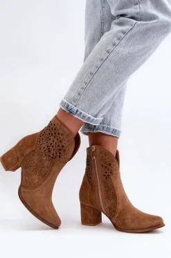 Zazoo 3166 Damskie Ażurowe Botki Na Obcasie Zamszowe Camel