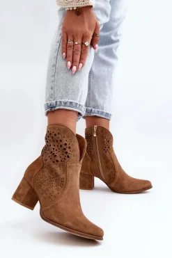 Zazoo 3166 Damskie Ażurowe Botki Na Obcasie Zamszowe Camel