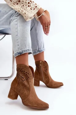 Zazoo 3166 Damskie Ażurowe Botki Na Obcasie Zamszowe Camel