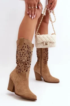 Zazoo 3414 Damskie Ażurowe Botki Na Słupku Zamszowe Beżowe