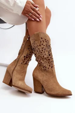Zazoo 3414 Damskie Ażurowe Botki Na Słupku Zamszowe Beżowe