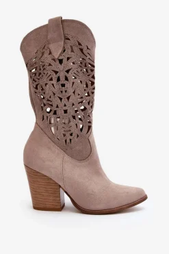 Zazoo 3414 Damskie Ażurowe Botki Na Słupku Zamszowe Cappucino