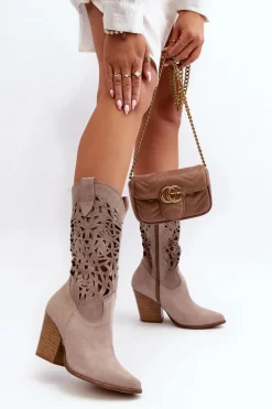 Zazoo 3414 Damskie Ażurowe Botki Na Słupku Zamszowe Cappucino