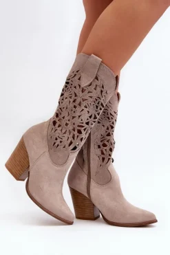 Zazoo 3414 Damskie Ażurowe Botki Na Słupku Zamszowe Cappucino