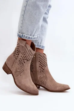 Zazoo 3305 Damskie Ażurowe Botki Kowbojki Na Niskim Obcasie Zamszowe Cappucino
