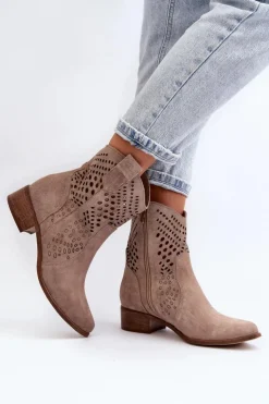 Zazoo 3305 Damskie Ażurowe Botki Kowbojki Na Niskim Obcasie Zamszowe Cappucino