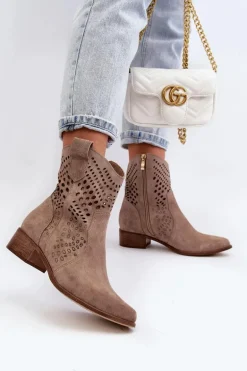 Zazoo 3305 Damskie Ażurowe Botki Kowbojki Na Niskim Obcasie Zamszowe Cappucino