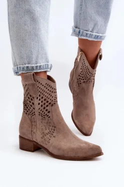 Zazoo 3305 Damskie Ażurowe Botki Kowbojki Na Niskim Obcasie Zamszowe Cappucino
