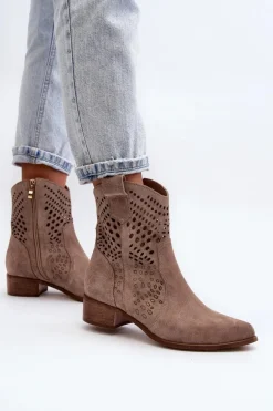 Zazoo 3305 Damskie Ażurowe Botki Kowbojki Na Niskim Obcasie Zamszowe Cappucino