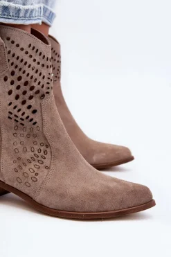 Zazoo 3305 Damskie Ażurowe Botki Kowbojki Na Niskim Obcasie Zamszowe Cappucino