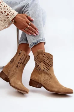 Zazoo 3305/2 Damskie Ażurowe Botki Kowbojki Na Niskim Obcasie Zamszowe Beżowe