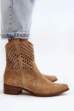 Zazoo 3305/2 Damskie Ażurowe Botki Kowbojki Na Niskim Obcasie Zamszowe Beżowe