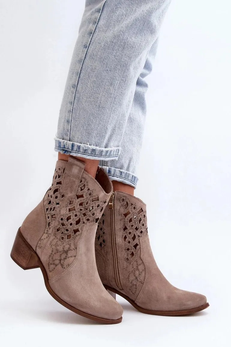 Zazoo 3394 Damskie Botki Na Obcasie Ażurowe Cappucino