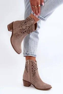 Zazoo 3394 Damskie Botki Na Obcasie Ażurowe Cappucino