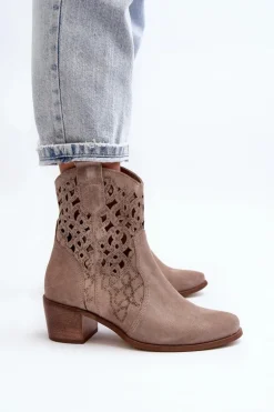 Zazoo 3394 Damskie Botki Na Obcasie Ażurowe Cappucino