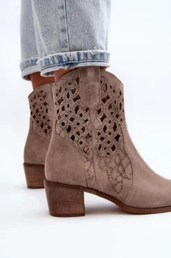 Zazoo 3394 Damskie Botki Na Obcasie Ażurowe Cappucino