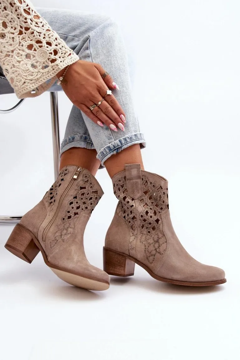 Zazoo 3394 Damskie Botki Na Obcasie Ażurowe Cappucino