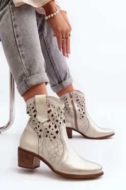 Zazoo 3394 Damskie Botki Na Obcasie Ażurowe Złote