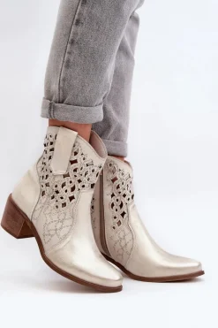 Zazoo 3394 Damskie Botki Na Obcasie Ażurowe Złote